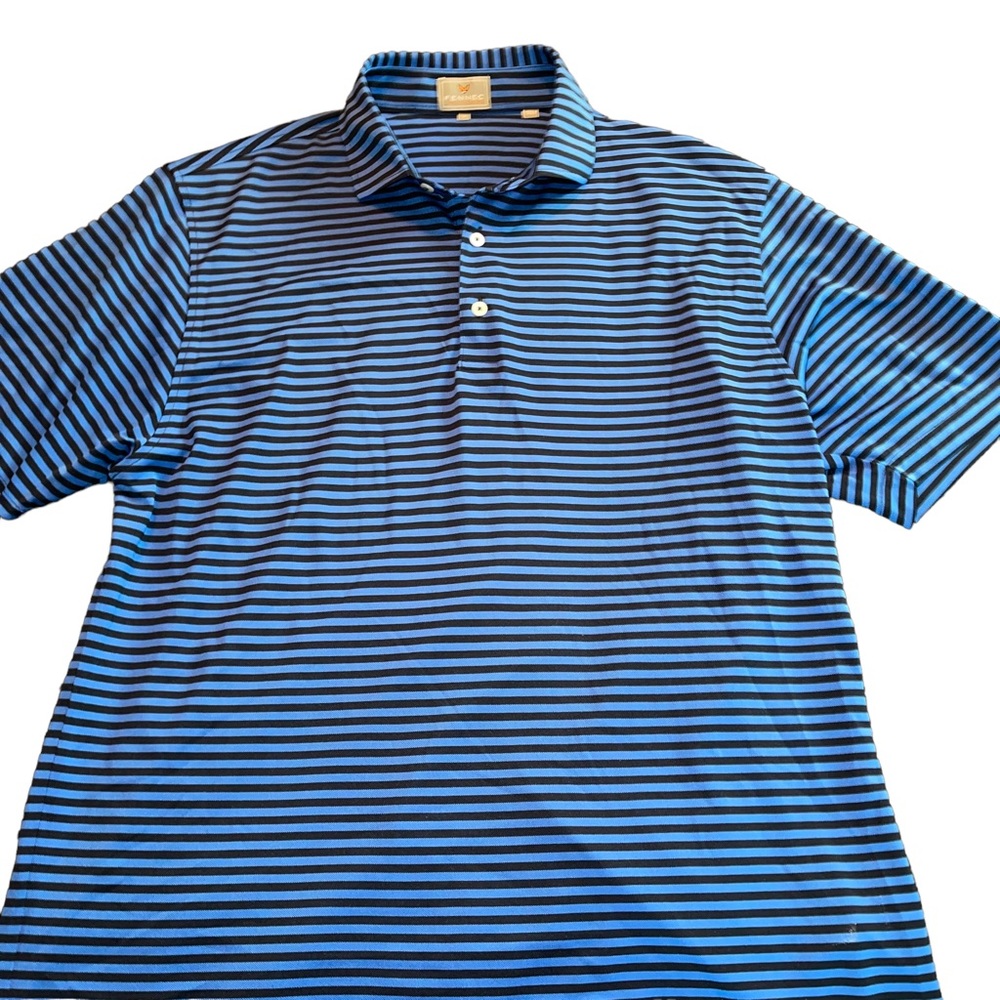 Fennec Quail West Men’s Golf Polo Shirt Sz Large Blue Black Stripe Short Sleeve